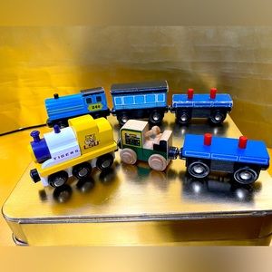 VINTAGE WOODEN TRAIN ENGINES & CARS MAGNETIC LSU, DOUG & MELISSA NAME TRAINS (6)